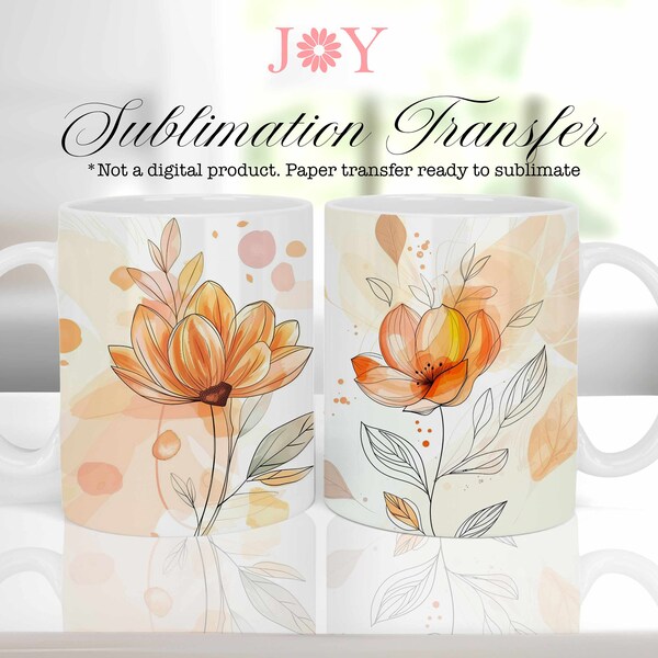 Sublimation Transfer Mug Wrap Design Ready to Press, Minimalist Boho Flowers 11oz 12oz & 15oz Sublimation Printed Wrap for Mugs