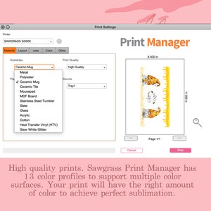 Pode incluir: Um ecr&atilde; de computador a mostrar o software Sawgrass Print Manager. O software tem um menu suspenso para selecionar o material a imprimir, incluindo caneca de cer&acirc;mica, metal, poli&eacute;ster, azulejo de cer&acirc;mica, tapete de rato, placa MDF, copo de a&ccedil;o inoxid&aacute;vel, ard&oacute;sia, vidro, acr&iacute;lico, algod&atilde;o, vinil de transfer&ecirc;ncia t&eacute;rmica e glitter branco Siser. O software tamb&eacute;m tem um menu suspenso para selecionar a qualidade de impress&atilde;o, que est&aacute; definida como "Alta qualidade". O software tamb&eacute;m tem um menu suspenso para selecionar a fonte, que est&aacute; definida como "Bandeja 1". O software tamb&eacute;m tem uma janela de pr&eacute;-visualiza&ccedil;&atilde;o que mostra um desenho de duas abelhas de desenho animado com um fundo de favo de mel. A janela de pr&eacute;-visualiza&ccedil;&atilde;o est&aacute; etiquetada como "P&aacute;gina 1/1". O software tamb&eacute;m tem bot&otilde;es para "Cancelar" e "Imprimir".