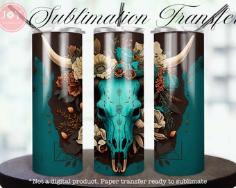 Sublimation Transfer, Western 20 oz Skinny Tumbler, Bull Skull Sublimation Print Ready to Press, Straight Tumbler Sublimation Printed Paper