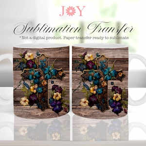 May include: Sublimation transfer design featuring a wooden cross with floral accents. The cross is decorated with blue, purple, and yellow flowers. The background is a woodgrain pattern.