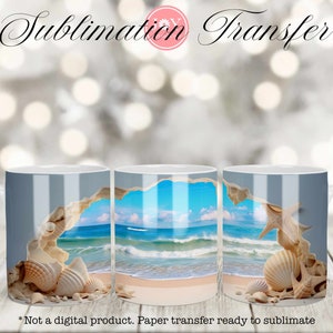 May include: Three white ceramic mugs with a sublimation transfer design. Each mug features a seashell-shaped opening revealing a beach scene with blue water, white sand, and a blue sky with clouds. The text "Sublimation Transfer" is at the top of the image.