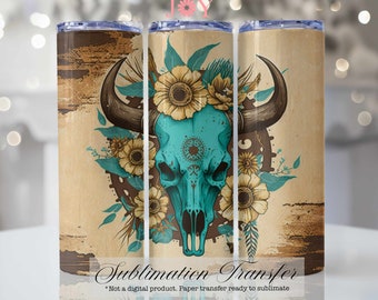 Western Sublimation Transfer,  20 oz Skinny Tumbler, Bull Skull Sublimation Print Ready to Press, Straight Tumbler Sublimation Printed Paper