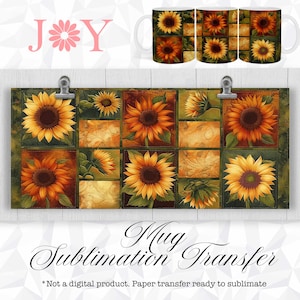 May include: A sublimation transfer sheet featuring a pattern of sunflowers in shades of yellow, orange, and brown. The design is arranged in a grid pattern and is ready to be used on a mug.
