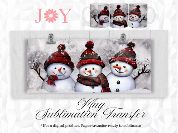 Cute Snowman Mug Sublimation Heat Transfer, Christmas 11oz 12 oz and 15 oz Printed Mug Paper Wrap Ready to Press