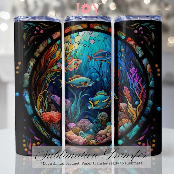 Stained Glass Fish Heat Sublimation Transfer,  20 oz Skinny Tumbler, Sublimation Print Ready to Press, Tumbler Sublimation Printed Paper