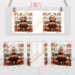 Op de afbeelding: Twee witte keramische mokken met een kleurrijk ontwerp met een cartoonvrouw die een pompoen vasthoudt. De mokken hebben de tekst "Pumpkin Season" erop.