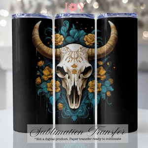 Bull Skull Sublimation Transfer,  Western 20 oz Skinny Tumbler, Sublimation Print Ready to Press, Tumbler Sublimation Printed Paper