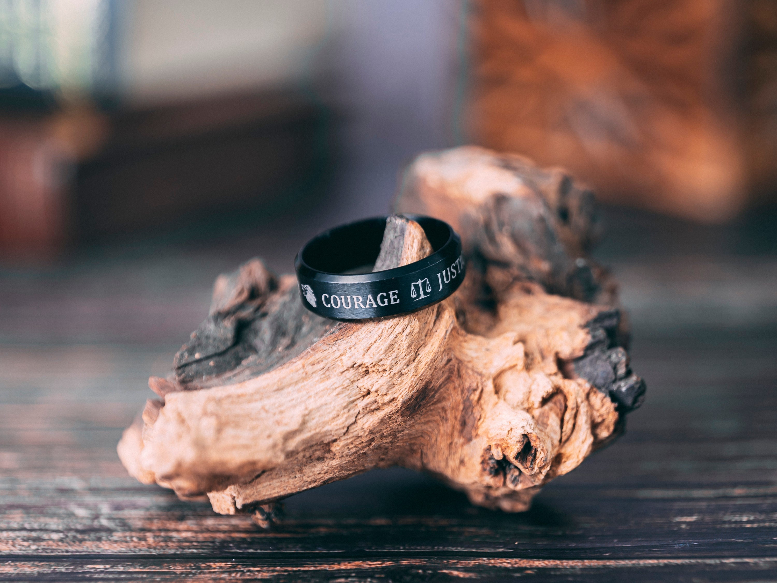 Stoic Four Virtues Philosophy Ring | The Cardinal Virtues of Stoicism Black Band Ring | Stoic Virtues Ring Philosopher Festive Gift Ideas