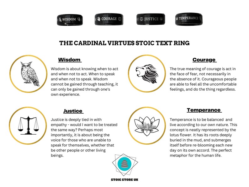 Stoic Four Virtues Philosophy Ring The Cardinal Virtues of Stoicism Black Band Ring Stoic 4 Virtues Ring Philosopher Festive Gift Ideas image 9