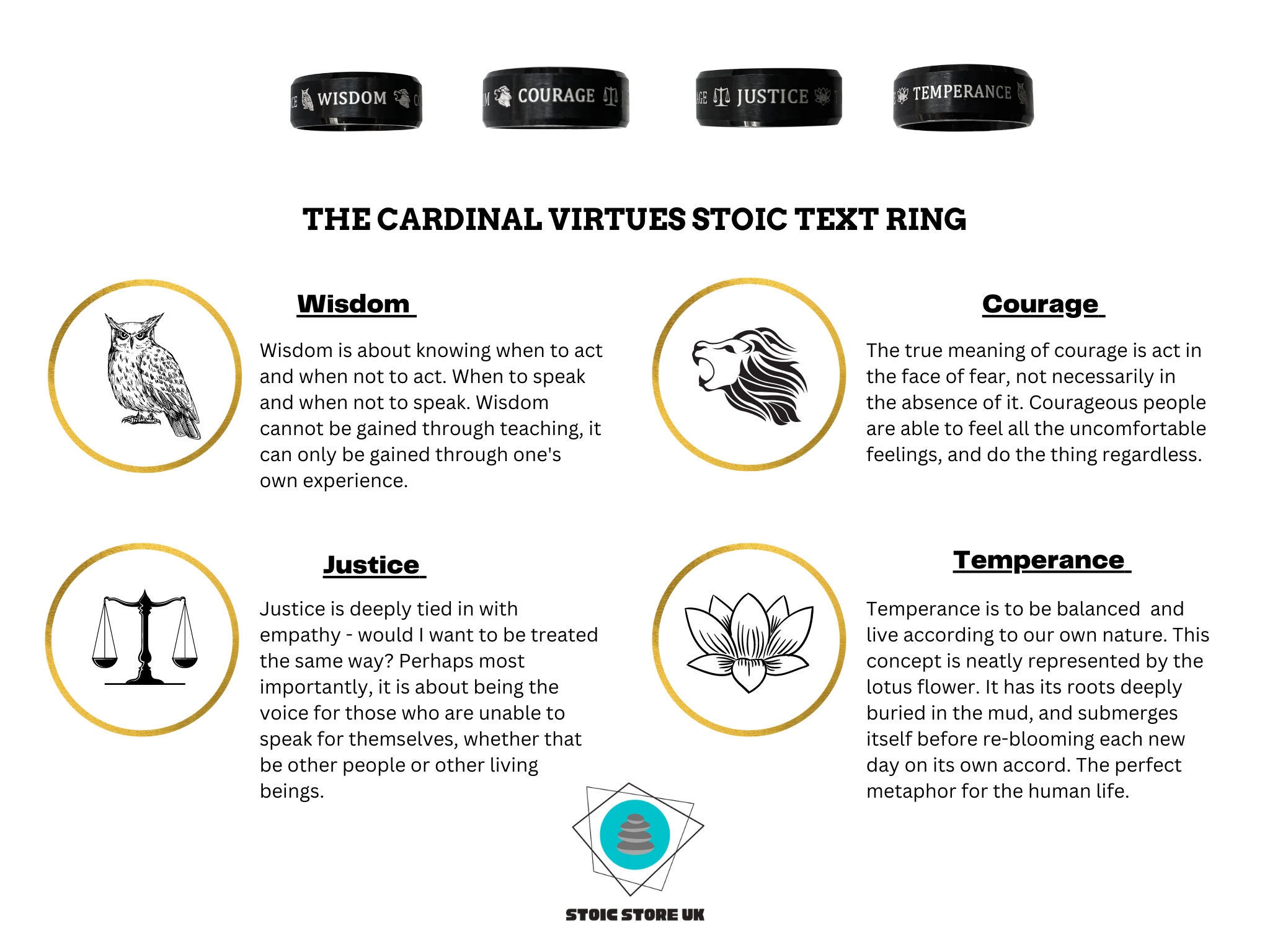 Stoic Four Virtues Philosophy Ring | The Cardinal Virtues of Stoicism Black Band Ring | Stoic Virtues Ring Philosopher Festive Gift Ideas