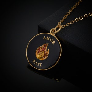 Stoicism Amor Fati Pendant Necklace Gold Plated and Enamelled in Black, Stoic Necklace Pendant Jewelry, Memento Mori Memento Vivere Necklace