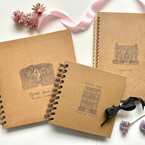 Personalised guest book, scrap book, visitors book, wedding book, memory book with house illustration