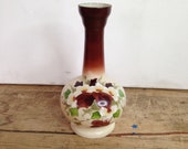 Vintage Cream and Brown Painted 60s 70sRetro Glass Tall Onion Shaped Vase Pretty Floral Handpainted Design In Good Condition