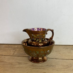 Vintage Bronze Copper Lustre Brown with Green Yellow Leaf Design Milk Jug and Sugar Bowl Good Condition