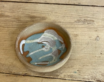 Vintage Unnamed Studio Pottery Stoneware Small Dish / Trinket Dripware Design Mid Century Modern Good Condition