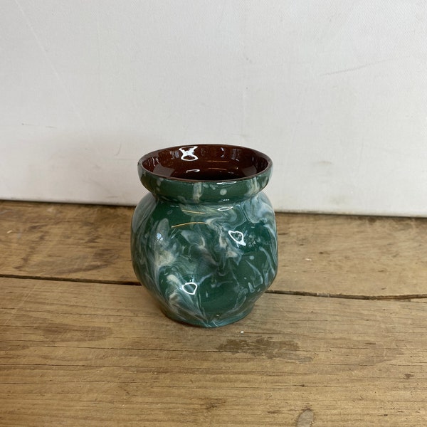 Vintage Studio Pottery Ceramic Glazed Green and White Marbled Small Vase with Dimpled Sides. Good Condition.