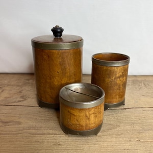 Vintage Timber Storage Jars with Wooden Lid & Ashtray - In Good Condition.