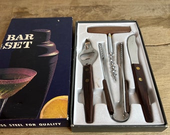 Coffret vintage de 4 ustensiles de bar avec poignées en teck Mixologie pour cocktails Bon état