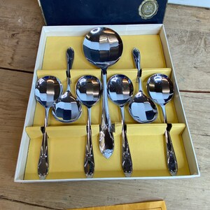 Vintage Boxed Faceted Chromoid Stainless Dessert & Serving Spoons. Lovely Set in Good Overall Condition.