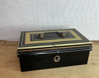 Vintage Chad Valley Tin Box Black with Gold and Red Stripes. Good Storage. Good Condition