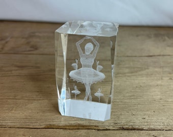 Vintage 3D Laser Etched Square Crystal Paperweight Ballerina Design Chip to top corner otherwise Good Condition