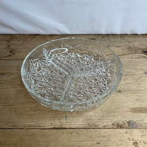 Vintage Round Hobnail Cut Glass Three Section 1970s Nibbles Retro Glass Dish In Good Condition
