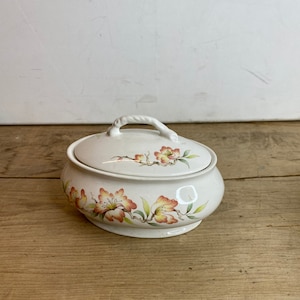 Puede incluir: Un cuenco de cerámica blanco con tapa y diseño floral en tonos melocotón, amarillo y verde. El cuenco tiene una base redondeada y una tapa a juego con un asa retorcida. El patrón floral se repite en la tapa y la base.