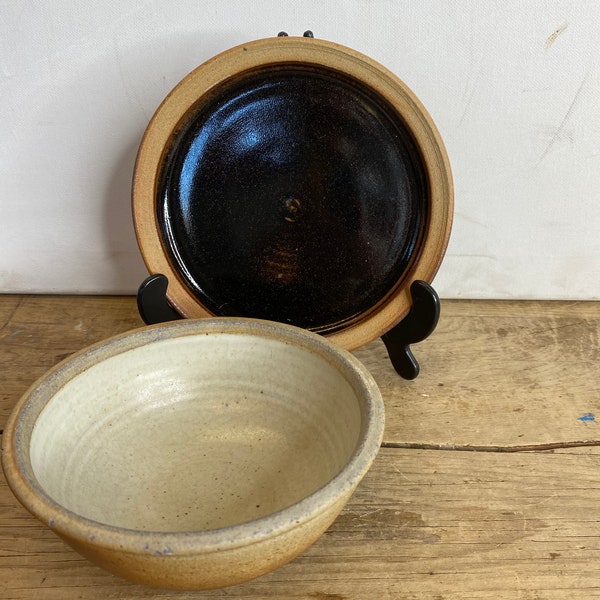 Vintage Pair Studio Pottery Stoneware Brown and Black Bowl and Plate Set Signed JK - Not Found Mid Century Retro Small Chip on the bowl