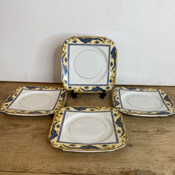 Vintage Set of 4 Burgess Square Tea / Side Plates 1930 Sandwich Plates with Blue Dragon and Yellow Border Detail Great Condition