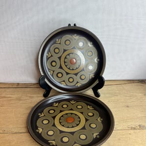 Vintage Pair of Denby Arabesque 6.5 inch Side Plates Brown, Orange and Black Mid Century Retro In Good Condition