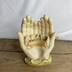 Vintage Genuine Alabaster Last Supper. Jesus Christ & Disciples Carved Into A Pair Of Hands.- Good condition