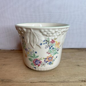 May include: Cream ceramic plant pot with a floral design. The pot has an embossed pattern around the rim and a colourful floral wreath. The rim is trimmed with a light green colour. The pot sits on a wooden surface.