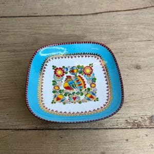 Vintage Studio Steinbock Trinket Dish Enamel/Metal Blue and Gold, Bright Colourful Bird & Floral Design Handmade in Austria Good Condition