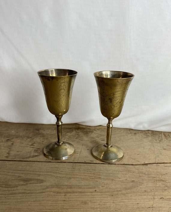 Vintage Pair of Ornate Etched Brass Goblets. in Good Condition