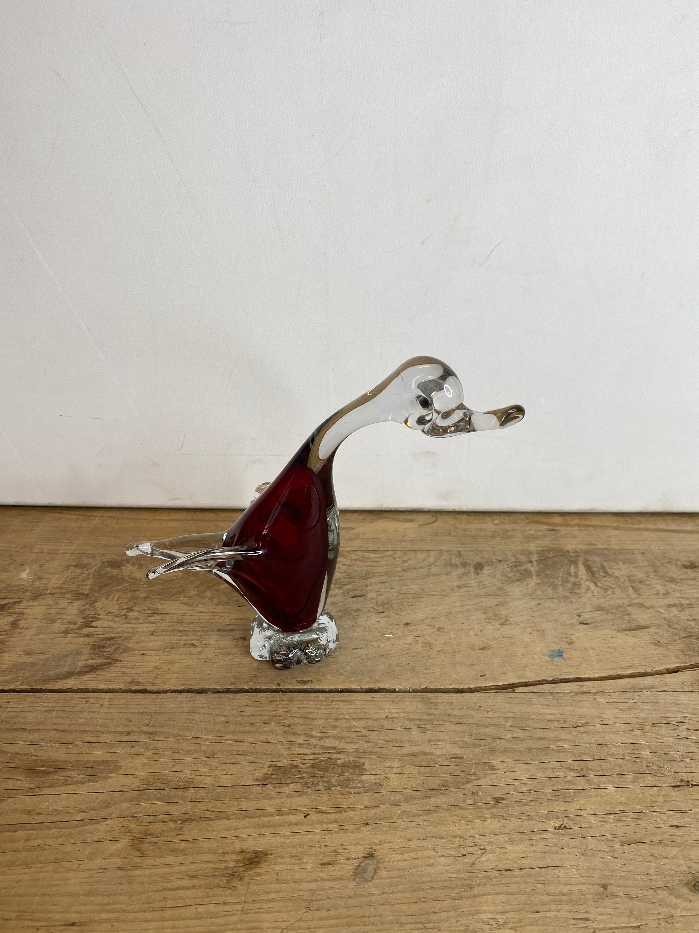 Vintage 1970's Glass Clear and Burgandy Red Tall Goose / Duck Ornament or Paperweight. In Good Condition