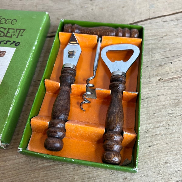 Vintage Boxed Set of 3 Bar Tools with Teak Handles Cocktail Drink Mixology Good Condition