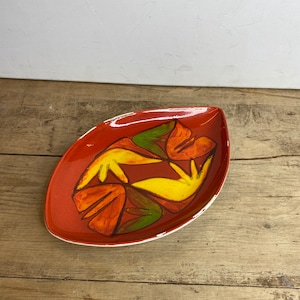 Vintage Poole Pottery Delphis Teardrop Shape (91) Dish Signed CK Red, Orange, Yellow and Green Design In Good Condition