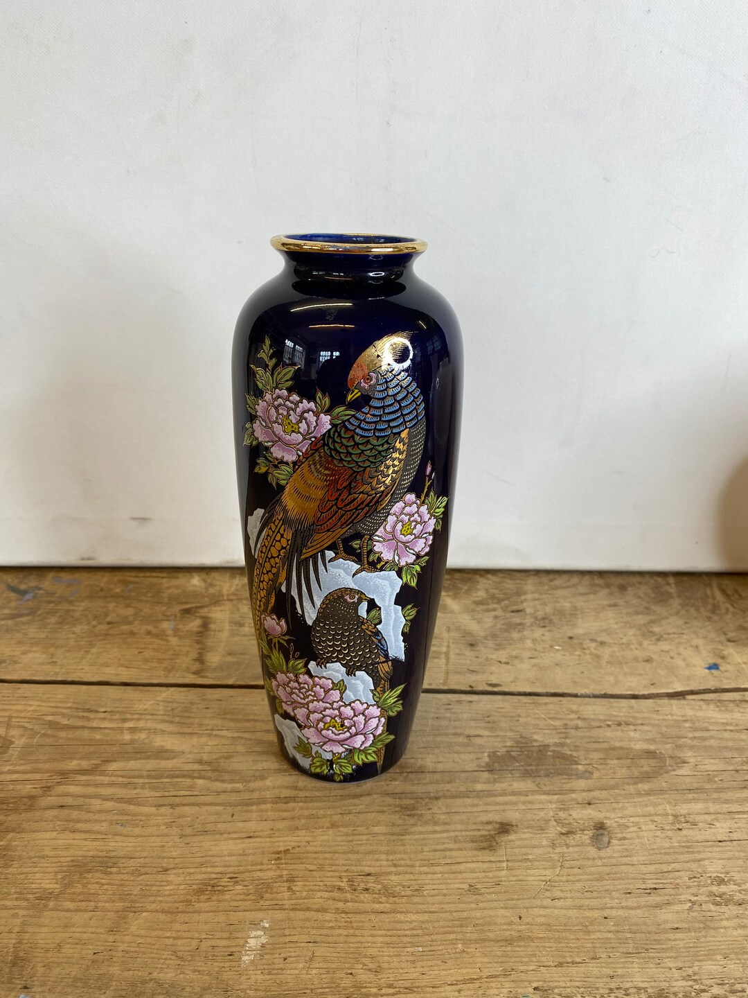 Vintage 1970s Glazed Japanese Royal Blue Tall Vase Marked to Etsy