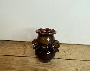 Vintage Mid CenturyBrown Beautiful Small Two Handled Vase with Fluted Edge In Good Condition.