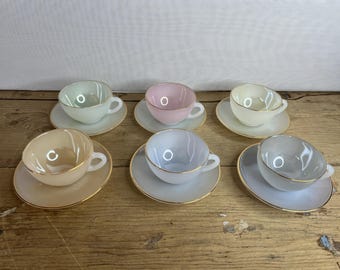 Vintage Arcopal Set of 6 Opalescent Harlequin Medium Coffee Cups and Saucers. French Lustre Pastel Glassware with Gold Edge. Good Condition