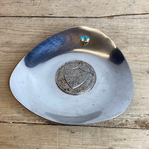 May include: A silver-coloured, asymmetrical dish with a raised edge. A small, colourful pin with a tree and shield design is attached to the rim. A circular, engraved emblem is in the centre of the dish.