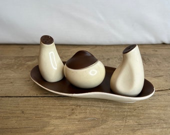 Vintage Striking Mushroom 4 piece Condiment Set. Salt, Pepper and Mustard Set on a Saucer. Unusual Hard to Find Complete Set Good Condition