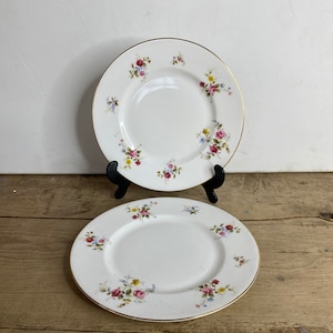 Könnte beinhalten: Zwei weiße Porzellanteller mit einem Blumendesign aus rosa, roten, gelben und blauen Blumen. Die Teller haben einen goldenen Rand und werden auf einer Holzoberfläche präsentiert. Die Teller werden von schwarzen Ständern getragen.