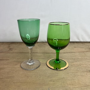 Vintage Pair of Green and Clear Small Glasses for Sherry Different Designs. Good condition