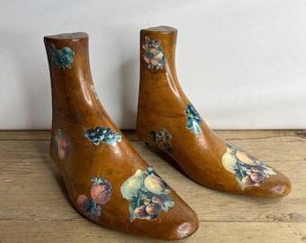 Antique Wooden Boot / Shoe Trees Stretchers. Decoupage Design. Great Condition.