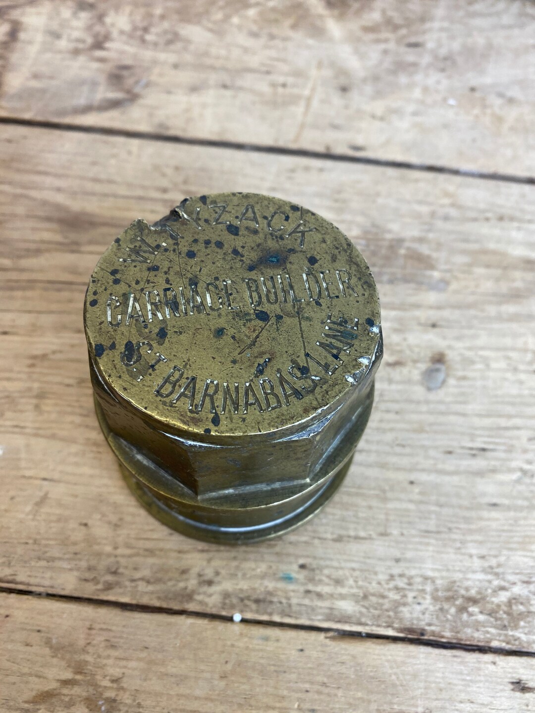 Antique Wagon Wheel Nut by W Tyzack. Solid Brass Chunky Brass Ornament