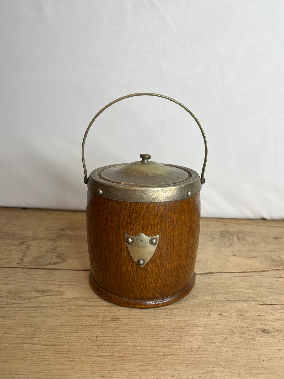 Vintage Oak & Ceramic Ice Bucket Metal Lid and Handle Home Bar