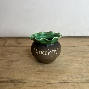 以下が含まれることがあります： 緑色のフリルが付いた小さな茶色の陶器の壺。壺には「Criccieth」という文字が側面に書かれている。