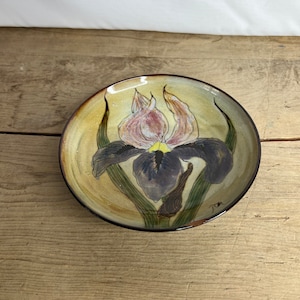 Puede incluir: Un pequeño cuenco de cerámica con un borde marrón y un esmalte marrón claro. El cuenco presenta un iris morado pintado a mano con detalles amarillos.