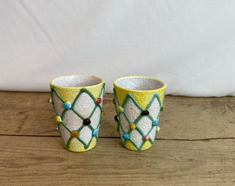 Vintage Pair MCM Italian Fratelli Fanciullacci Yellow and White Textured Glaze Small Tumbler Vases Spot Detail Mid Century Good Condition